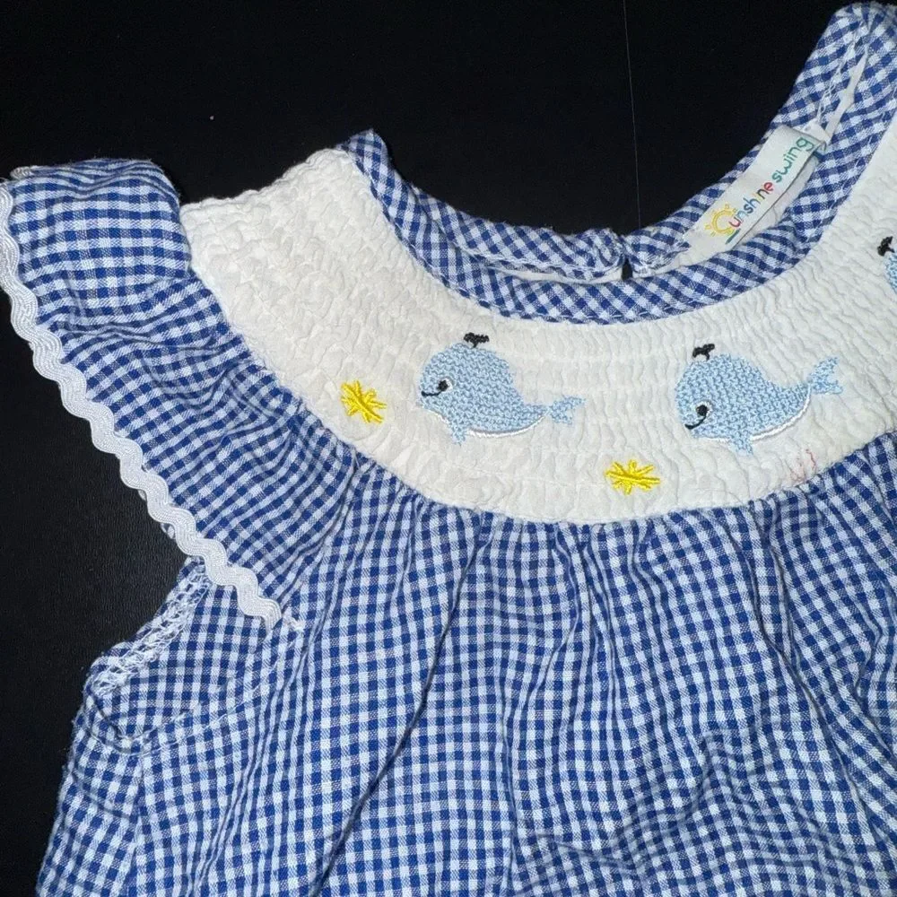 Sunshine Swing Blue Checkered Whale Toddler Girl’s Dress Size 4T EUC